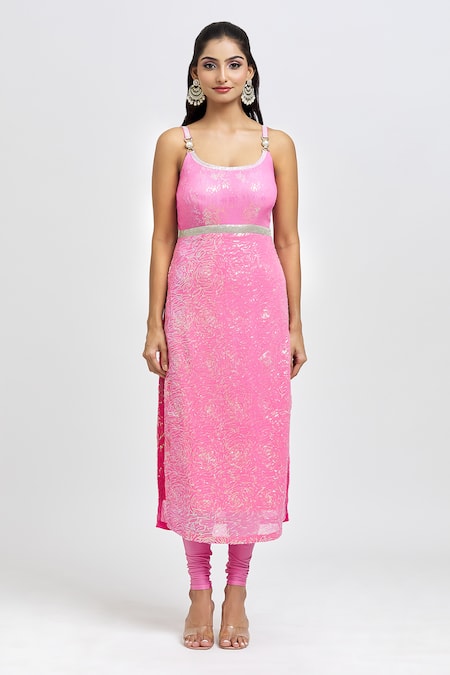 Label Priyanka Kar_Pink Georgette Sequins, Embroidery Scoop Floral Embellished Kurta Legging Set _Online_at_Aza_Fashions