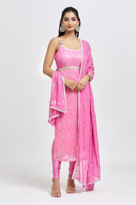 Buy_Label Priyanka Kar_Pink Georgette Sequins, Embroidery Scoop Floral Embellished Kurta Legging Set _Online_at_Aza_Fashions