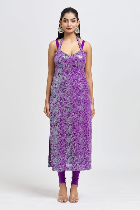 Label Priyanka Kar_Purple Georgette Sequins Sweetheart Neck Embellished Kurta Legging Set _Online_at_Aza_Fashions