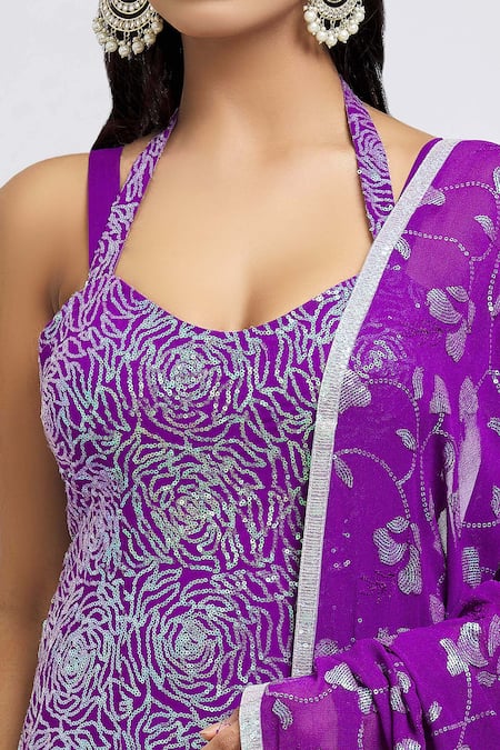 Buy_Label Priyanka Kar_Purple Georgette Sequins Sweetheart Neck Embellished Kurta Legging Set _Online_at_Aza_Fashions