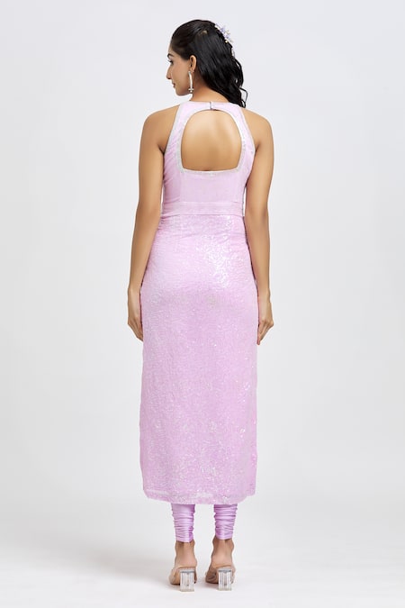 Shop Label Priyanka Kar Purple Georgette Sequins Round Neck Floral Pattern Work Kurta Legging Set at Aza Fashions Shop_Label Priyanka Kar_Purple Georgette Sequins Round Neck Floral Pattern Work Kurta Legging Set _at_Aza_Fashions