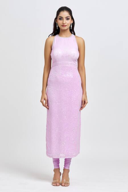 Label Priyanka Kar Purple Georgette Sequins Round Neck Floral Pattern Work Kurta Legging Set Online at Aza Fashions Label Priyanka Kar_Purple Georgette Sequins Round Neck Floral Pattern Work Kurta Legging Set _Online_at_Aza_Fashions