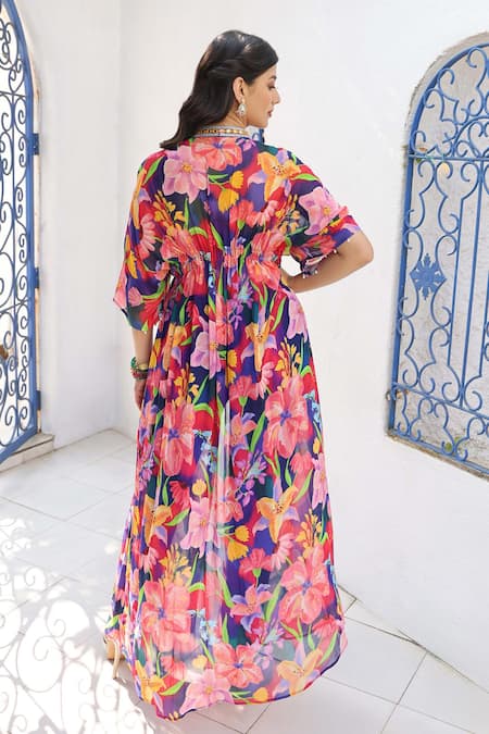 Shop Seams Pret And Couture Blue Georgette, Silk Mirrors V-neck Nadira Print Kaftan With Pant at Aza Fashions Shop_Seams Pret And Couture_Blue Georgette, Silk Mirrors V-neck Nadira Print Kaftan With Pant _at_Aza_Fashions