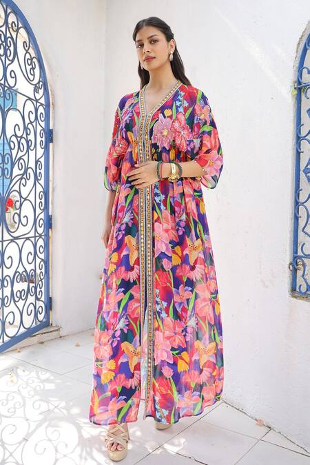 Seams Pret And Couture_Blue Georgette, Silk Mirrors V-neck Nadira Print Kaftan With Pant _Online_at_Aza_Fashions