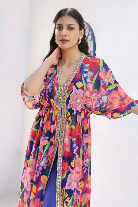 Buy Seams Pret And Couture Blue Georgette, Silk Mirrors V-neck Nadira Print Kaftan With Pant Online at Aza Fashions Buy_Seams Pret And Couture_Blue Georgette, Silk Mirrors V-neck Nadira Print Kaftan With Pant _Online_at_Aza_Fashions