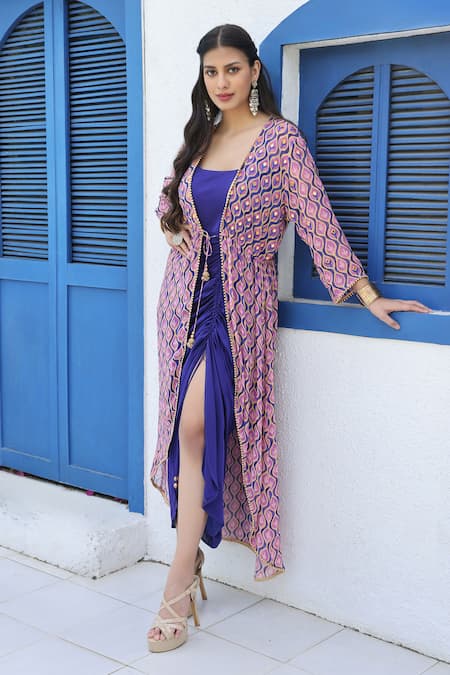 Seams Pret And Couture_Blue Satin, Georgette Embroidery Open Neck, Samina Printed Jacket With Dress _Online_at_Aza_Fashions