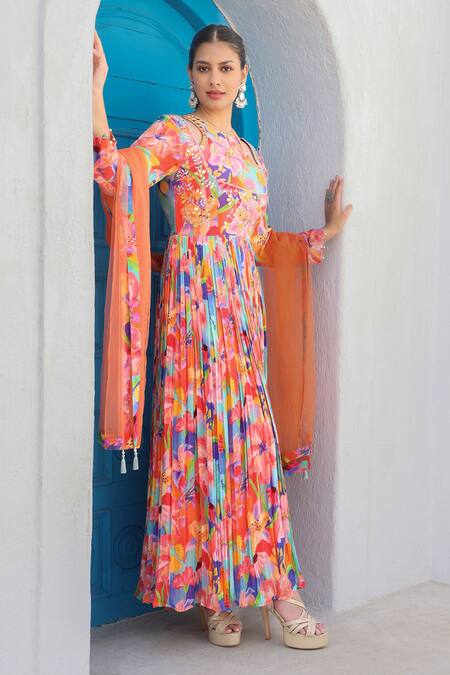 Seams Pret And Couture Multi Color Net Print Floral Round Neck Sana Anarkali Pant Set Online at Aza Fashions Seams Pret And Couture_Multi Color Net Print Floral Round Neck Sana Anarkali Pant Set _Online_at_Aza_Fashions