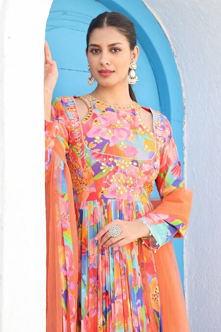 Buy Seams Pret And Couture Multi Color Net Print Floral Round Neck Sana Anarkali Pant Set Online at Aza Fashions Buy_Seams Pret And Couture_Multi Color Net Print Floral Round Neck Sana Anarkali Pant Set _Online_at_Aza_Fashions