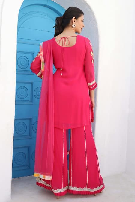 Shop Seams Pret And Couture Pink Net Embroidery Floral Leaf Neck Seher Kurta Sharara Set at Aza Fashions Shop_Seams Pret And Couture_Pink Net Embroidery Floral Leaf Neck Seher Kurta Sharara Set _at_Aza_Fashions