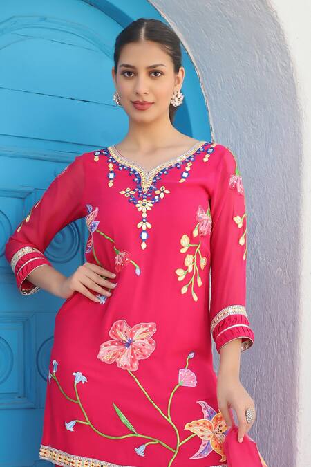 Shop Seams Pret And Couture Pink Net Embroidery Floral Leaf Neck Seher Kurta Sharara Set Online at Aza Fashions Shop_Seams Pret And Couture_Pink Net Embroidery Floral Leaf Neck Seher Kurta Sharara Set _Online_at_Aza_Fashions