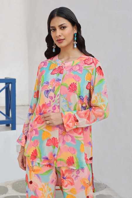 Shop Seams Pret And Couture Multi Color Georgette Embroidery Round Siderine Floral Print Shirt With Pant Online at Aza Fashions Shop_Seams Pret And Couture_Multi Color Georgette Embroidery Round Siderine Floral Print Shirt With Pant _Online_at_Aza_Fashions