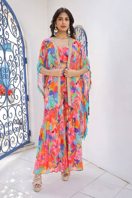 Seams Pret And Couture Multi Color Georgette And Shantoon Print Floral Jacket Siya Cape Sharara Set