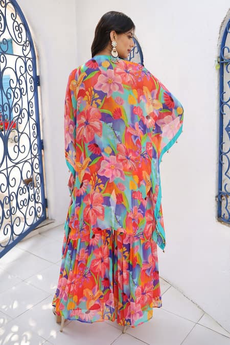 Shop Seams Pret And Couture Multi Color Georgette And Shantoon Print Floral Jacket Siya Cape Sharara Set at Aza Fashions Shop_Seams Pret And Couture_Multi Color Georgette And Shantoon Print Floral Jacket Siya Cape Sharara Set _at_Aza_Fashions