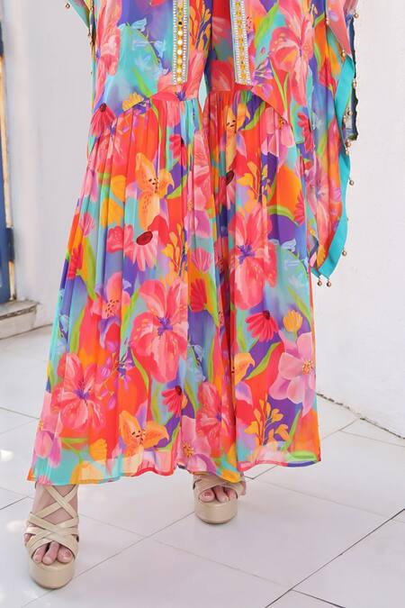 Seams Pret And Couture Multi Color Georgette And Shantoon Print Floral Jacket Siya Cape Sharara Set Online at Aza Fashions Seams Pret And Couture_Multi Color Georgette And Shantoon Print Floral Jacket Siya Cape Sharara Set _Online_at_Aza_Fashions