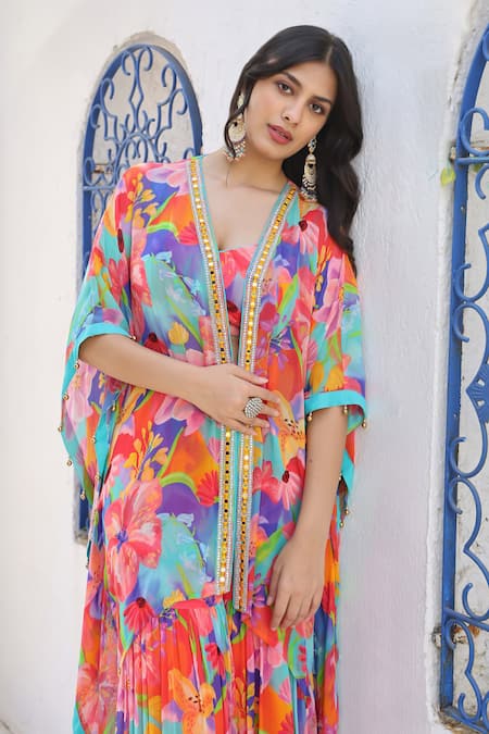 Shop Seams Pret And Couture Multi Color Georgette And Shantoon Print Floral Jacket Siya Cape Sharara Set Online at Aza Fashions Shop_Seams Pret And Couture_Multi Color Georgette And Shantoon Print Floral Jacket Siya Cape Sharara Set _Online_at_Aza_Fashions