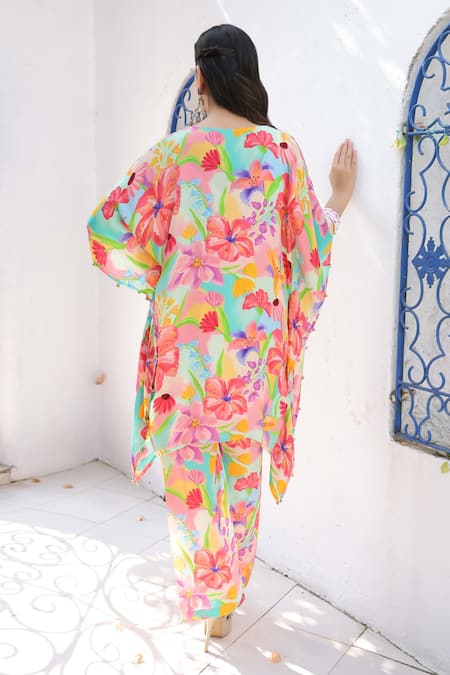 Shop Seams Pret And Couture Multi Color Crepe, Chiffon Mirrors, Soha Floral Print Kaftan With Pant at Aza Fashions Shop_Seams Pret And Couture_Multi Color Crepe, Chiffon Mirrors, Soha Floral Print Kaftan With Pant _at_Aza_Fashions