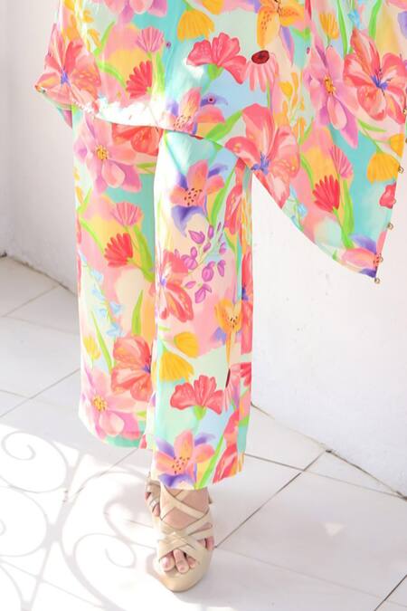 Seams Pret And Couture_Multi Color Crepe, Chiffon Mirrors, Soha Floral Print Kaftan With Pant _Online_at_Aza_Fashions