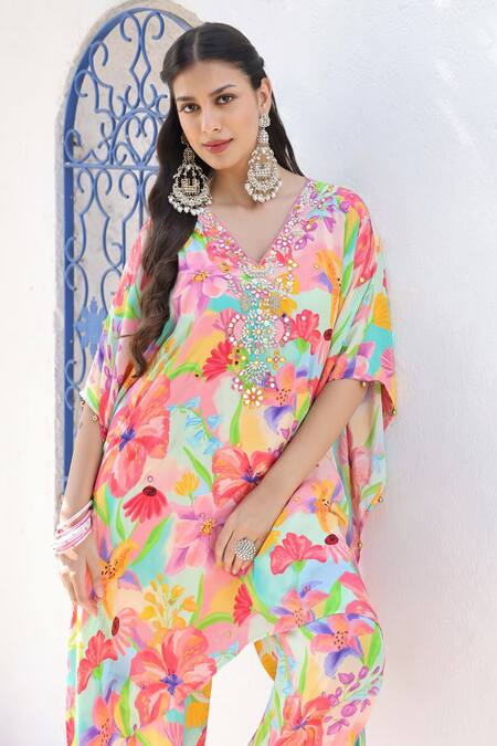 Buy Seams Pret And Couture Multi Color Crepe, Chiffon Mirrors, Soha Floral Print Kaftan With Pant Online at Aza Fashions Buy_Seams Pret And Couture_Multi Color Crepe, Chiffon Mirrors, Soha Floral Print Kaftan With Pant _Online_at_Aza_Fashions