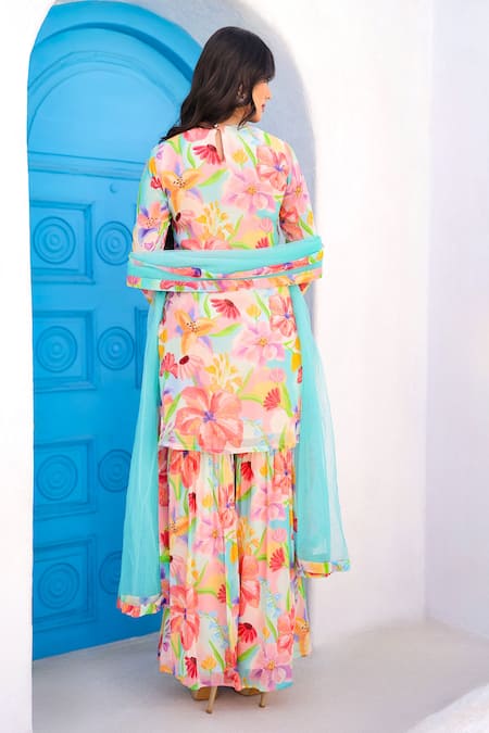 Shop Seams Pret And Couture Multi Color Georgette And Shantoon Print Floral Round Tahira Kurta Sharara Set at Aza Fashions Shop_Seams Pret And Couture_Multi Color Georgette And Shantoon Print Floral Round Tahira Kurta Sharara Set _at_Aza_Fashions