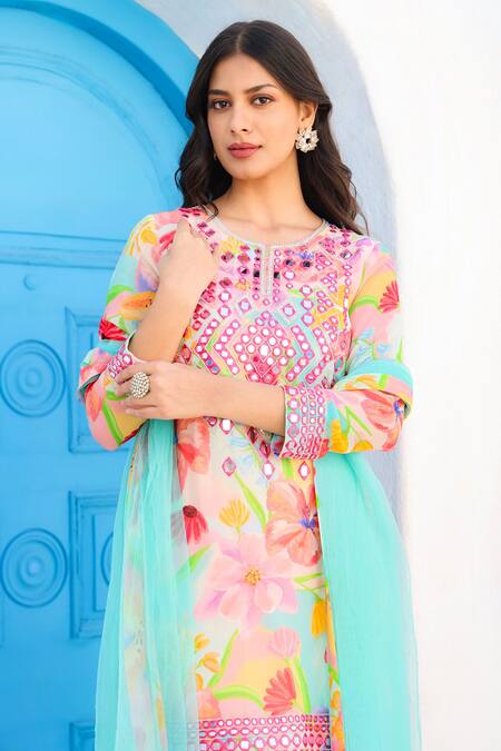 Seams Pret And Couture Multi Color Georgette And Shantoon Print Floral Round Tahira Kurta Sharara Set Online at Aza Fashions Seams Pret And Couture_Multi Color Georgette And Shantoon Print Floral Round Tahira Kurta Sharara Set _Online_at_Aza_Fashions