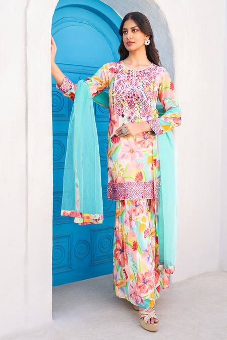 Buy Seams Pret And Couture Multi Color Georgette And Shantoon Print Floral Round Tahira Kurta Sharara Set Online at Aza Fashions Buy_Seams Pret And Couture_Multi Color Georgette And Shantoon Print Floral Round Tahira Kurta Sharara Set _Online_at_Aza_Fashions