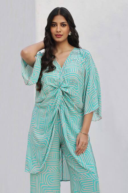 Seams Pret And Couture Blue Crepe, Cotton Sequins V-neck Vania Geometric Print Long Top With Pant Online at Aza Fashions Seams Pret And Couture_Blue Crepe, Cotton Sequins V-neck Vania Geometric Print Long Top With Pant _Online_at_Aza_Fashions