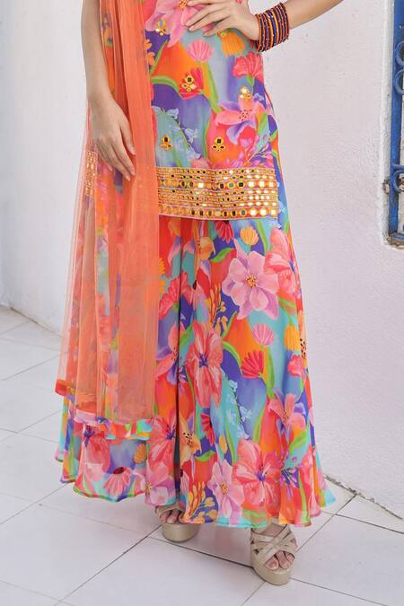 Seams Pret And Couture_Multi Color Georgette Printed And Hand Embellished Floral Tunic Sharara Set _Online_at_Aza_Fashions