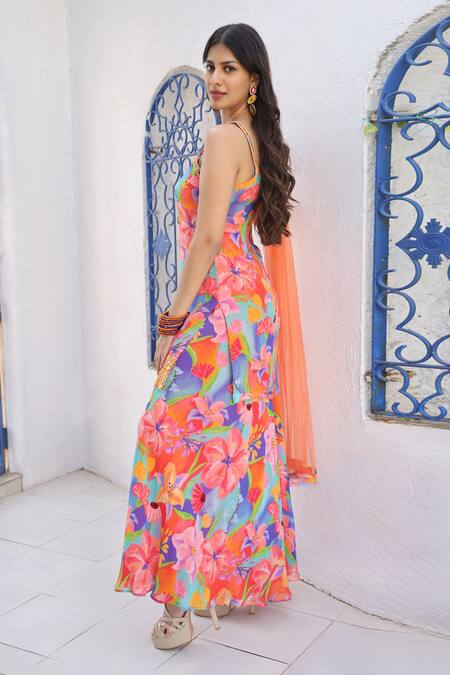 Shop_Seams Pret And Couture_Multi Color Georgette Printed And Hand Embellished Floral Tunic Sharara Set _Online_at_Aza_Fashions