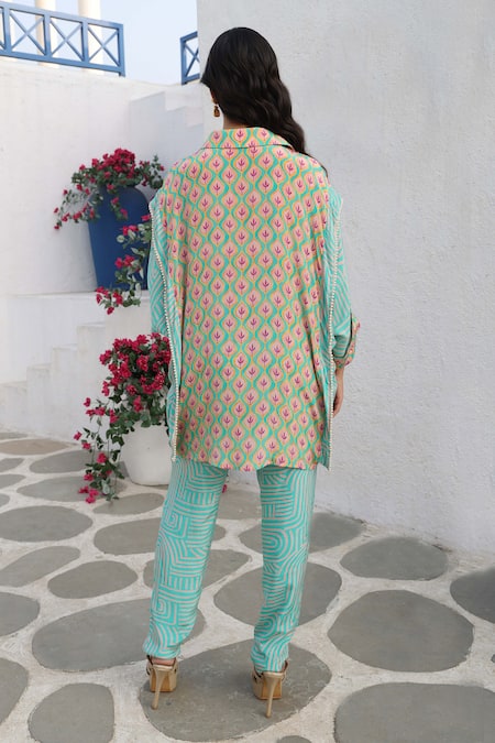 Shop Seams Pret And Couture Blue Crepe Printed And Hand Embroidered Maze Tunic Collar Aisha & Pant Set at Aza Fashions Shop_Seams Pret And Couture_Blue Crepe Printed And Hand Embroidered Maze Tunic Collar Aisha & Pant Set _at_Aza_Fashions