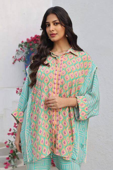 Buy Seams Pret And Couture Blue Crepe Printed And Hand Embroidered Maze Tunic Collar Aisha & Pant Set Online at Aza Fashions Buy_Seams Pret And Couture_Blue Crepe Printed And Hand Embroidered Maze Tunic Collar Aisha & Pant Set _Online_at_Aza_Fashions