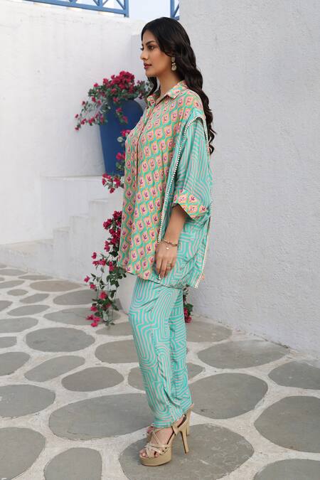 Shop Seams Pret And Couture Blue Crepe Printed And Hand Embroidered Maze Tunic Collar Aisha & Pant Set Online at Aza Fashions Shop_Seams Pret And Couture_Blue Crepe Printed And Hand Embroidered Maze Tunic Collar Aisha & Pant Set _Online_at_Aza_Fashions