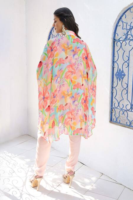 Shop Seams Pret And Couture Multi Color Georgette, Satin Sequins Akira Floral Print Kaftan And Pant Set at Aza Fashions Shop_Seams Pret And Couture_Multi Color Georgette, Satin Sequins Akira Floral Print Kaftan And Pant Set _at_Aza_Fashions