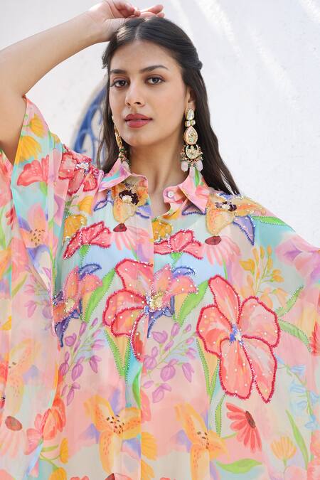 Buy_Seams Pret And Couture_Multi Color Georgette, Satin Sequins Akira Floral Print Kaftan And Pant Set _Online_at_Aza_Fashions