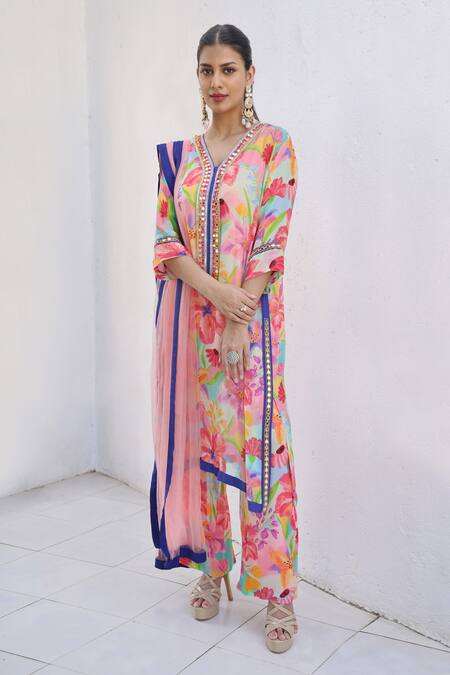 Buy_Seams Pret And Couture_Multi Color Georgette Printed And Hand Embroidered Floral Amira Tunic Pant Set _Online_at_Aza_Fashions