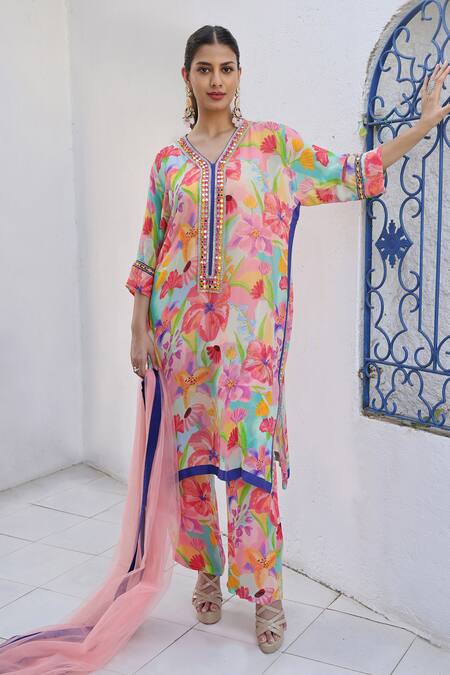 Seams Pret And Couture_Multi Color Georgette Printed And Hand Embroidered Floral Amira Tunic Pant Set _at_Aza_Fashions