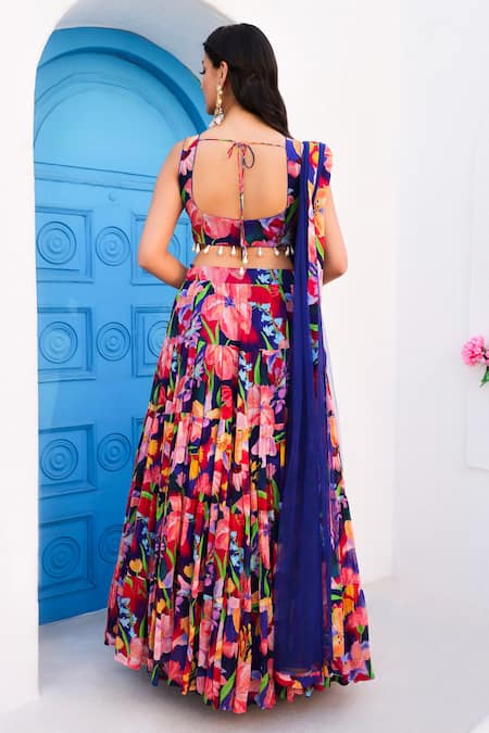 Shop Seams Pret And Couture Blue Georgette, Silk Stones, Cut Work, Anaisha Floral Print Tiered Lehenga Set at Aza Fashions Shop_Seams Pret And Couture_Blue Georgette, Silk Stones, Cut Work, Anaisha Floral Print Tiered Lehenga Set _at_Aza_Fashions