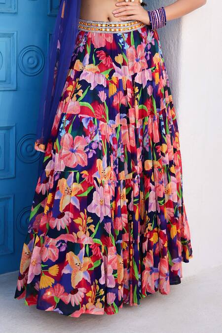 Seams Pret And Couture Blue Georgette, Silk Stones, Cut Work, Anaisha Floral Print Tiered Lehenga Set Online at Aza Fashions Seams Pret And Couture_Blue Georgette, Silk Stones, Cut Work, Anaisha Floral Print Tiered Lehenga Set _Online_at_Aza_Fashions