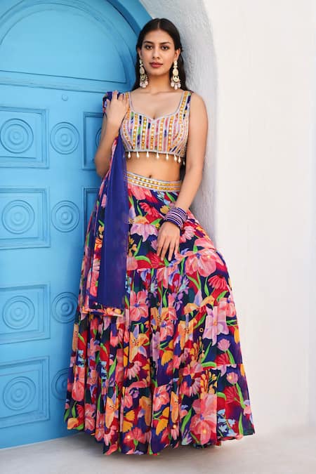 Shop Seams Pret And Couture Blue Georgette, Silk Stones, Cut Work, Anaisha Floral Print Tiered Lehenga Set Online at Aza Fashions Shop_Seams Pret And Couture_Blue Georgette, Silk Stones, Cut Work, Anaisha Floral Print Tiered Lehenga Set _Online_at_Aza_Fashions