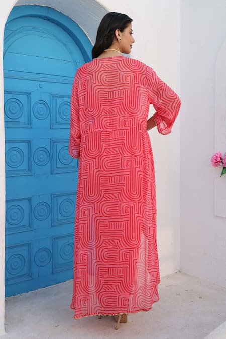 Shop Seams Pret And Couture Pink Georgette Printed And Embroidered Maze Cape Open Chanchal Skirt Set at Aza Fashions Shop_Seams Pret And Couture_Pink Georgette Printed And Embroidered Maze Cape Open Chanchal Skirt Set _at_Aza_Fashions