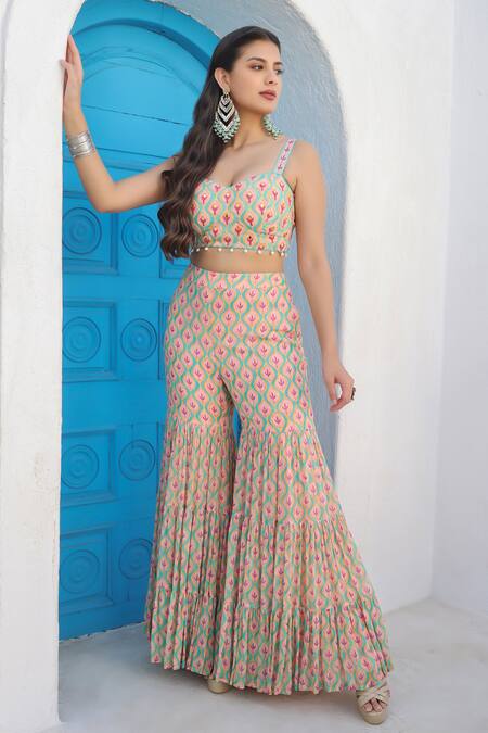 Buy Seams Pret And Couture Blue Georgette Printed And Embroidered Floral Ogee Inaya Sharara Set Online at Aza Fashions Buy_Seams Pret And Couture_Blue Georgette Printed And Embroidered Floral Ogee Inaya Sharara Set _Online_at_Aza_Fashions