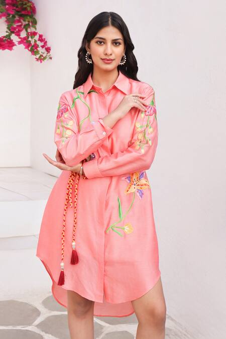 Buy Seams Pret And Couture Pink Silk, Cotton Tassels Collared Lola Thread Embroidered Shirt Dress Online at Aza Fashions Buy_Seams Pret And Couture_Pink Silk, Cotton Tassels Collared Lola Thread Embroidered Shirt Dress _Online_at_Aza_Fashions