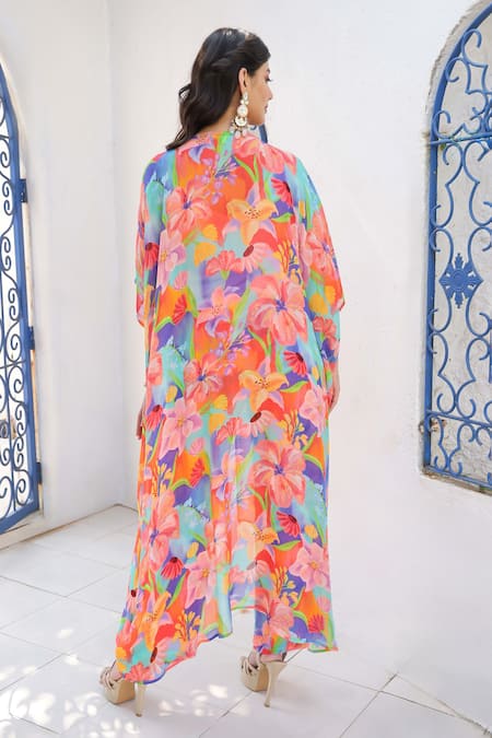 Shop Seams Pret And Couture Blue Georgette, Satin Pearls, Stones Mahera Floral Print Kaftan And Pant Set at Aza Fashions Shop_Seams Pret And Couture_Blue Georgette, Satin Pearls, Stones Mahera Floral Print Kaftan And Pant Set _at_Aza_Fashions