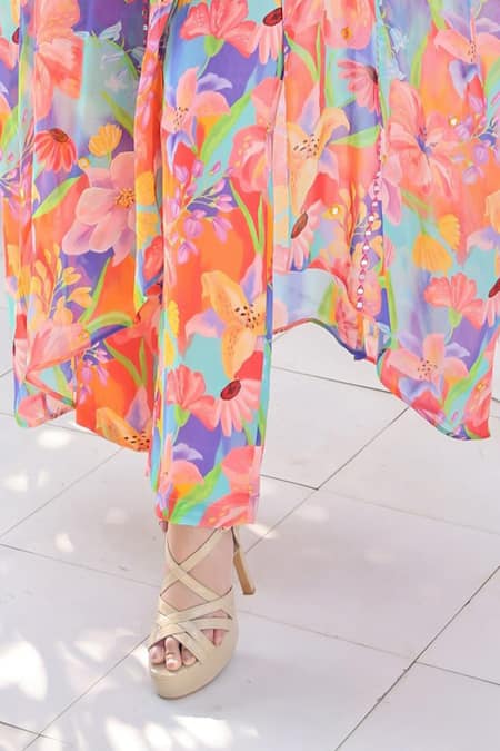 Seams Pret And Couture Blue Georgette, Satin Pearls, Stones Mahera Floral Print Kaftan And Pant Set Online at Aza Fashions Seams Pret And Couture_Blue Georgette, Satin Pearls, Stones Mahera Floral Print Kaftan And Pant Set _Online_at_Aza_Fashions