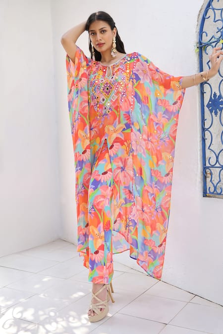 Buy Seams Pret And Couture Blue Georgette, Satin Pearls, Stones Mahera Floral Print Kaftan And Pant Set Online at Aza Fashions Buy_Seams Pret And Couture_Blue Georgette, Satin Pearls, Stones Mahera Floral Print Kaftan And Pant Set _Online_at_Aza_Fashions