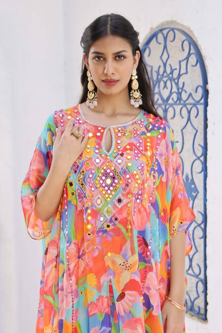 Shop Seams Pret And Couture Blue Georgette, Satin Pearls, Stones Mahera Floral Print Kaftan And Pant Set Online at Aza Fashions Shop_Seams Pret And Couture_Blue Georgette, Satin Pearls, Stones Mahera Floral Print Kaftan And Pant Set _Online_at_Aza_Fashions