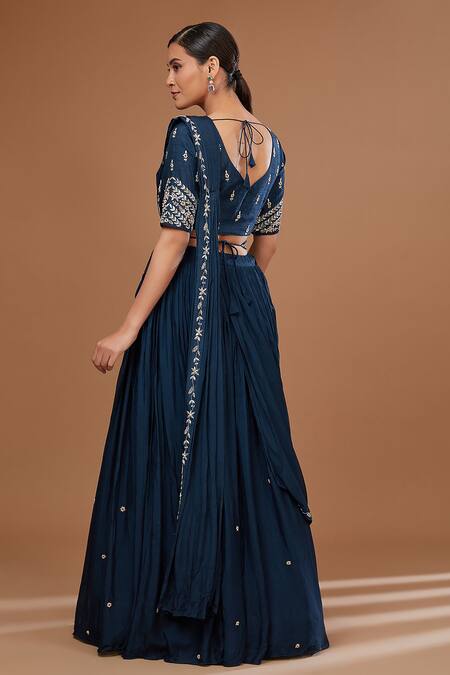 Shop BAIDEHI Blue Silk, Georgette Sequins, Zari Embroidered Border Draped Lehenga Saree Set at Aza Fashions Shop_BAIDEHI_Blue Silk, Georgette Sequins, Zari Embroidered Border Draped Lehenga Saree Set_at_Aza_Fashions