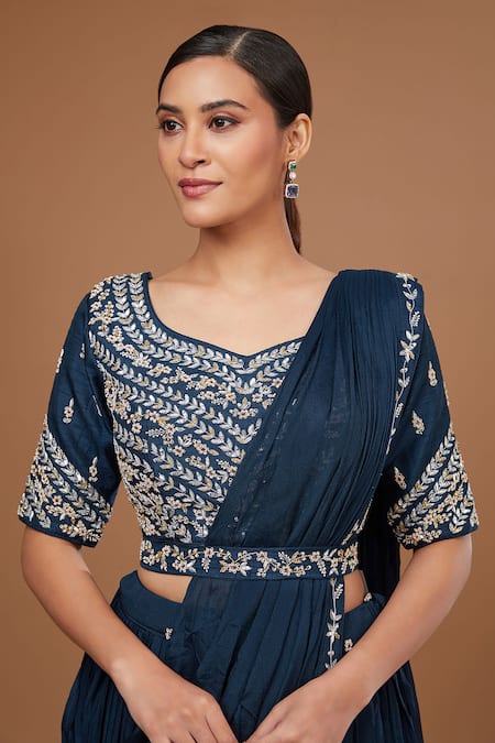 Buy BAIDEHI Blue Silk, Georgette Sequins, Zari Embroidered Border Draped Lehenga Saree Set Online at Aza Fashions Buy_BAIDEHI_Blue Silk, Georgette Sequins, Zari Embroidered Border Draped Lehenga Saree Set_Online_at_Aza_Fashions