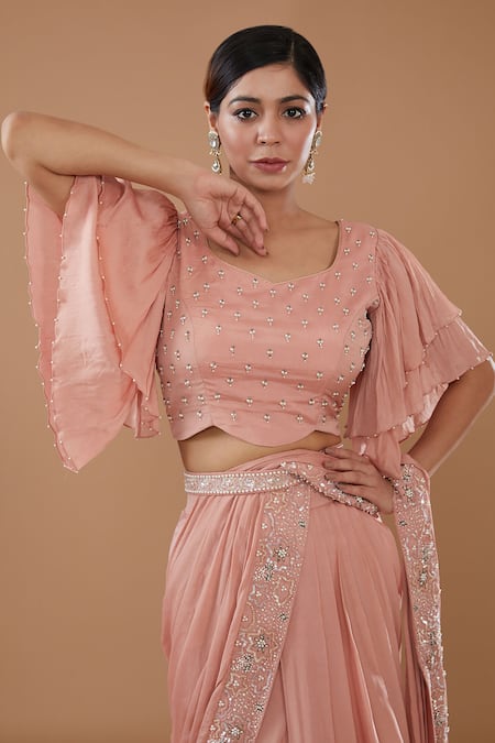 Baidehi_Peach Chiffon, Georgette Floral Embroidered Border Draped Lehenga Saree Set _Online_at_Aza_Fashions