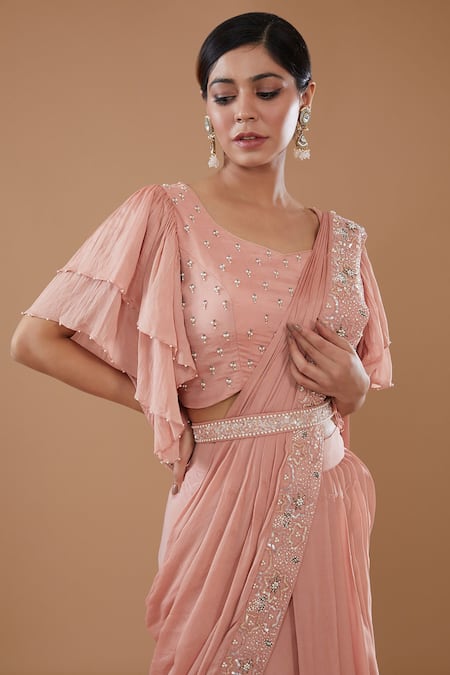Buy_Baidehi_Peach Chiffon, Georgette Floral Embroidered Border Draped Lehenga Saree Set _Online_at_Aza_Fashions