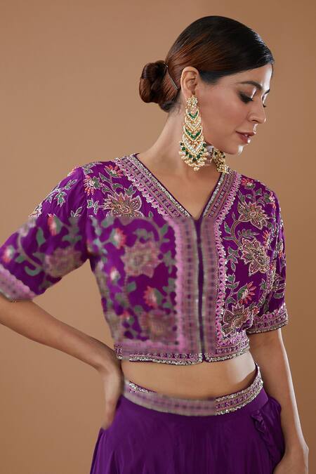 Baidehi_Purple Crepe, Chiffon Sequins, Layered Draped Lehenga Saree Set With Blouse _Online_at_Aza_Fashions